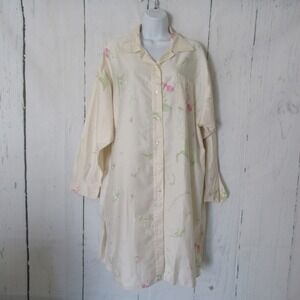 Yves Delorme Sleep Shirt L Cream‎ Floral Night Pajamas Nightgown 100% Cotton